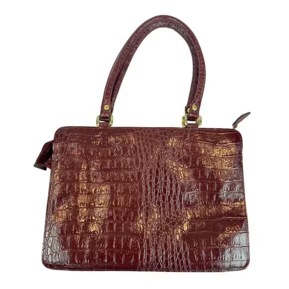Vintage Burgundy Croc Embossed Leather Handbag Gold Hardware Top Handles Elegant - Picture 2 of 13